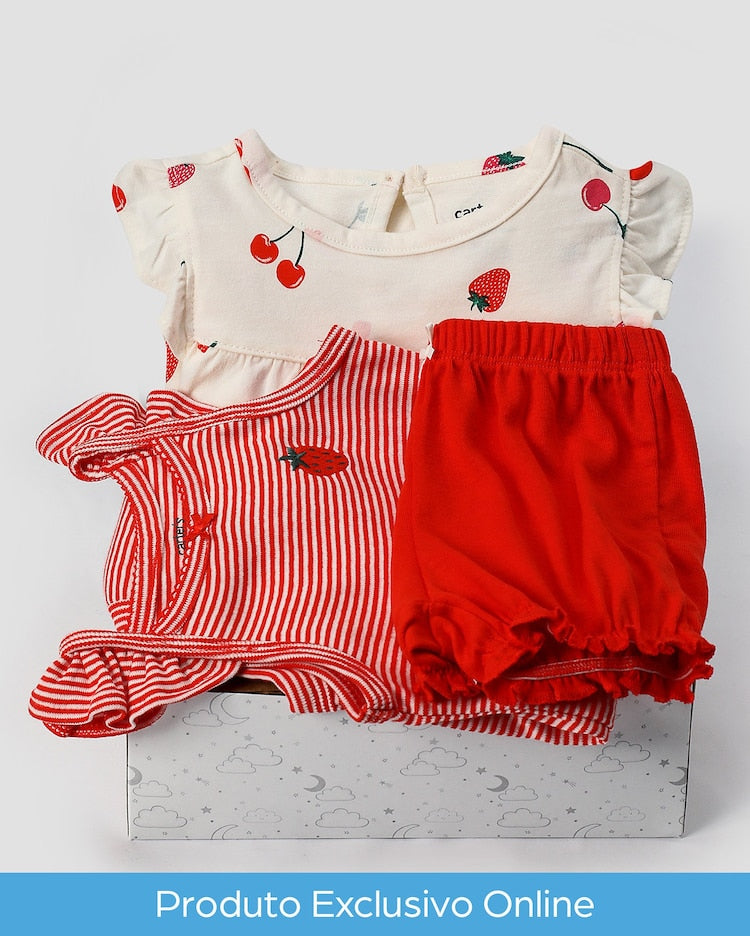 Enxoval bebê 3 peças com babados morango listrado + caixa de presente P