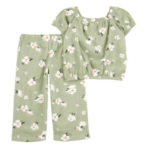 Conjunto longo infantil 2 peças texturizada floral verde