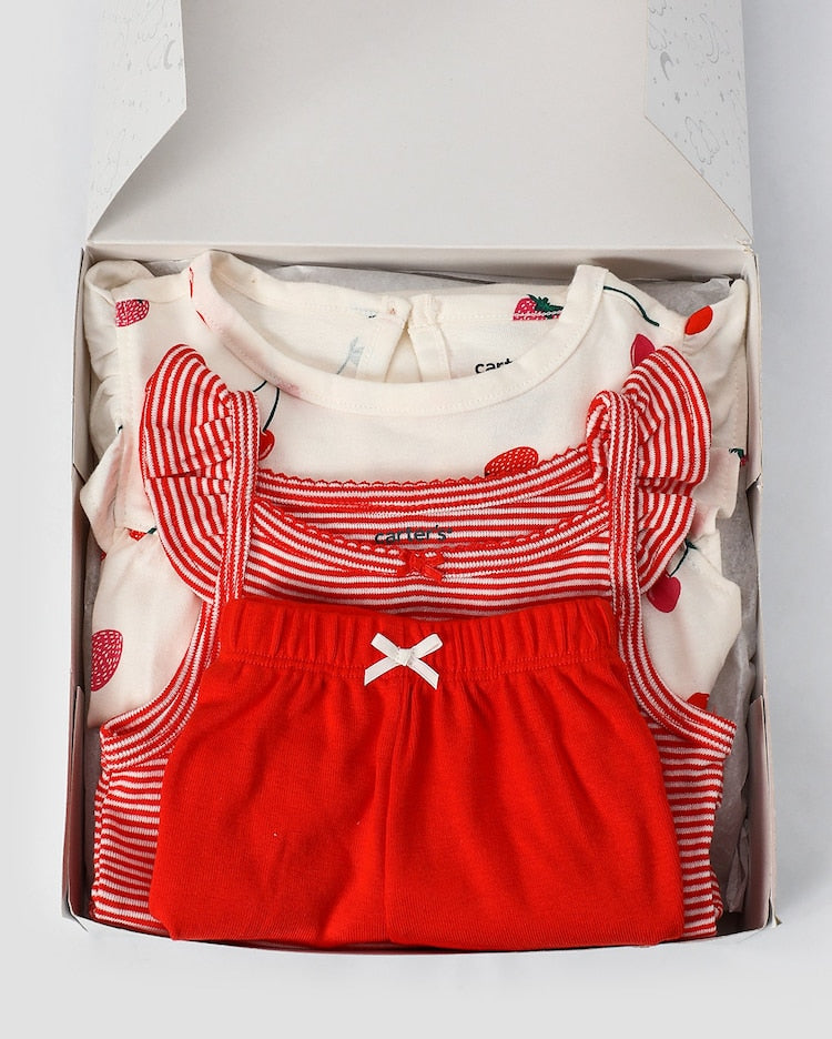 Enxoval bebê 3 peças com babados morango listrado + caixa de presente P - Imagem 3