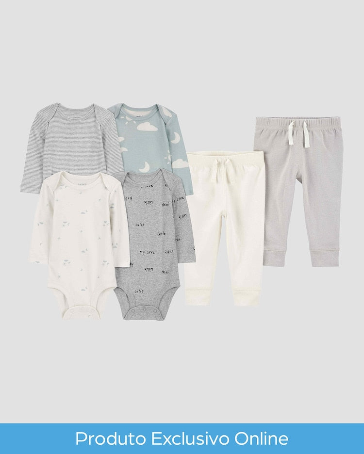Enxoval bebê conjunto longo 6 peças nuvens listrado multicor
