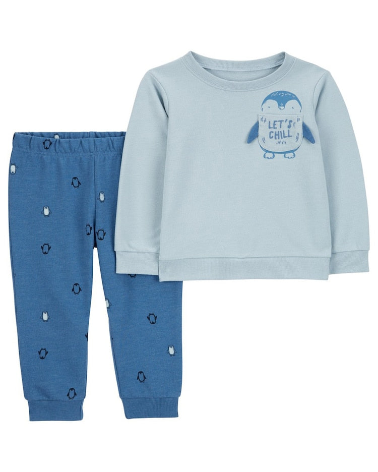 Conjunto longo de moletom infantil 2 peças bolso pinguim multicor