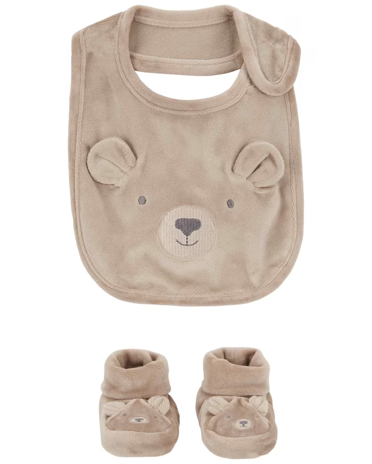 Kit babador bebê fleece com pantufa cachorrinho bege |